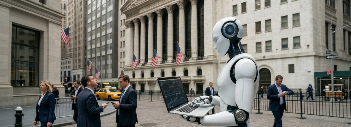 Weißer humanoider Roboter steht mit einem Laptop vor dem Gebäude der NYSE an der Wall Street