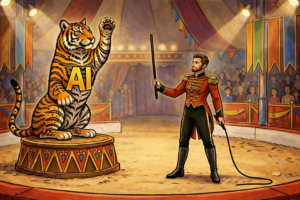 Dompteur mit Tiger in der Zirkusmanege. Tiger hat Buchstaben AI auf der Brust.